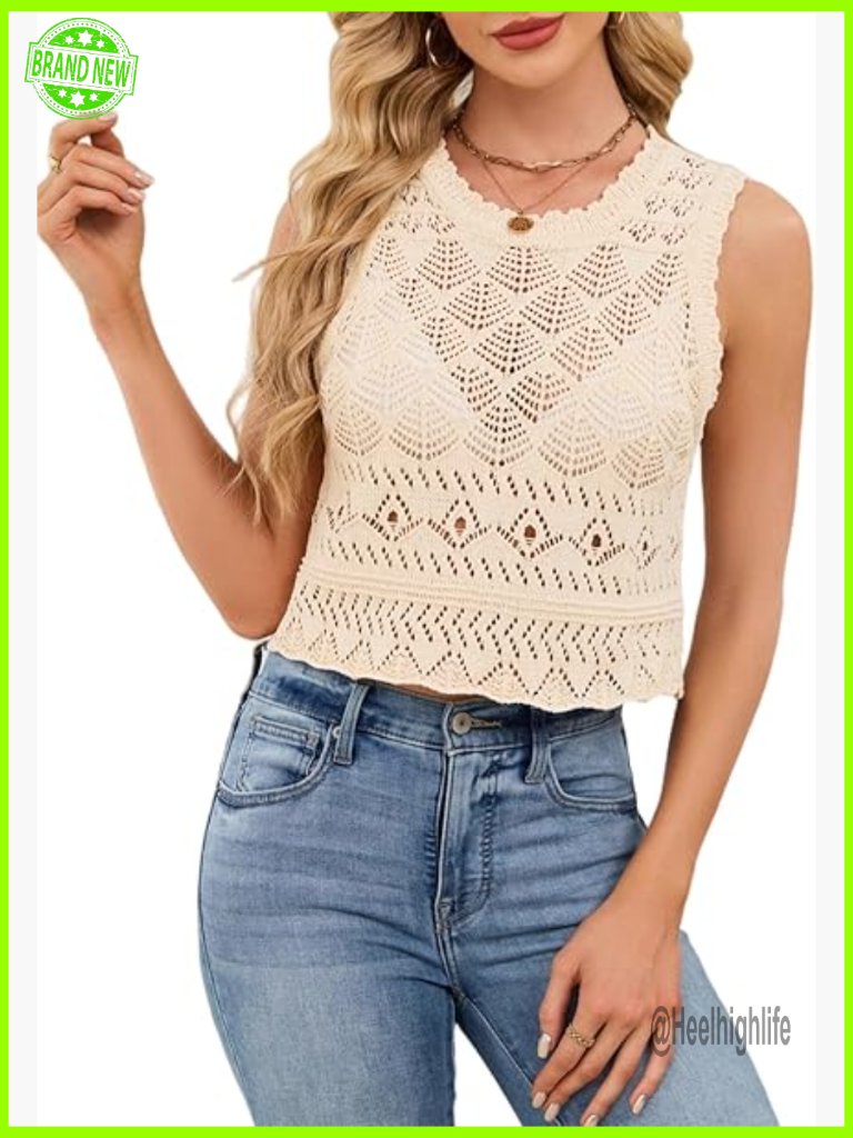 Sleeveless Crochet Knit Tank Top Scalloped Edge Crop Blouse